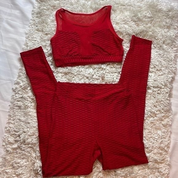 Red Textured Mesh Legging & Sport Bra Set Bold Activewear Size Large
