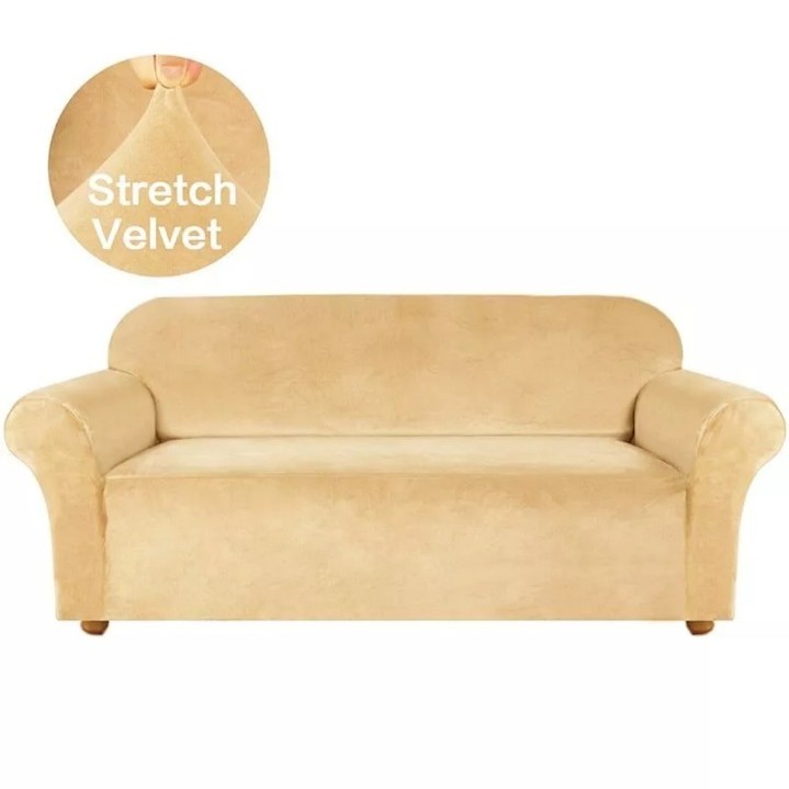 Stretch Velvet Slipcover Solid Cream Couch Furniture Protector 3-Seater New