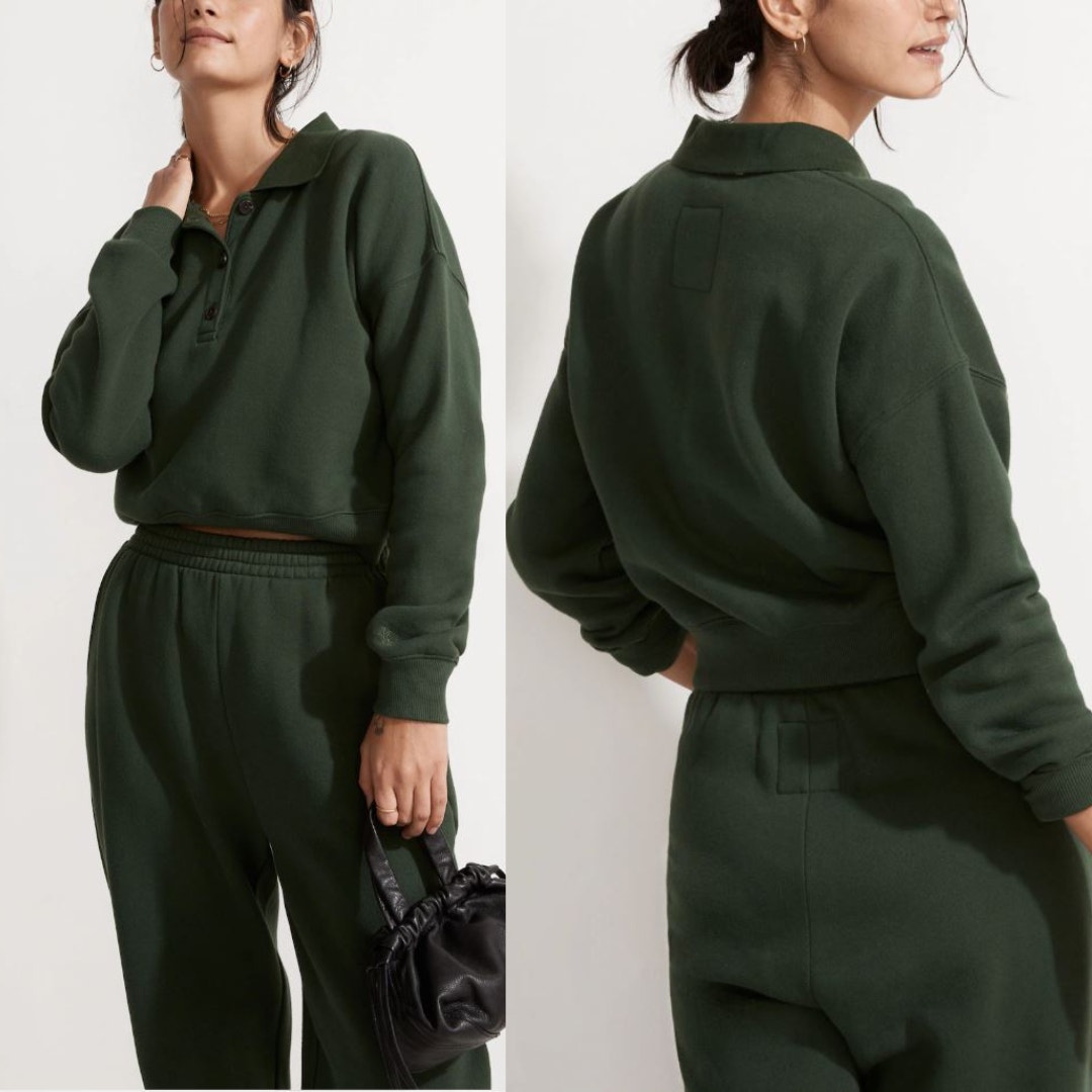 Madewell MWL Betterterry Cropped Polo Shirt Small Green Collared Sweater Preppy