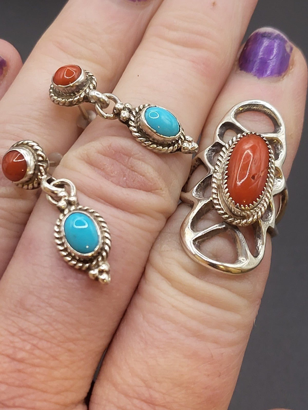 GORGEOUS STERLING SILVER TURQUOISE CORAL RING AND EARRINGS # 628