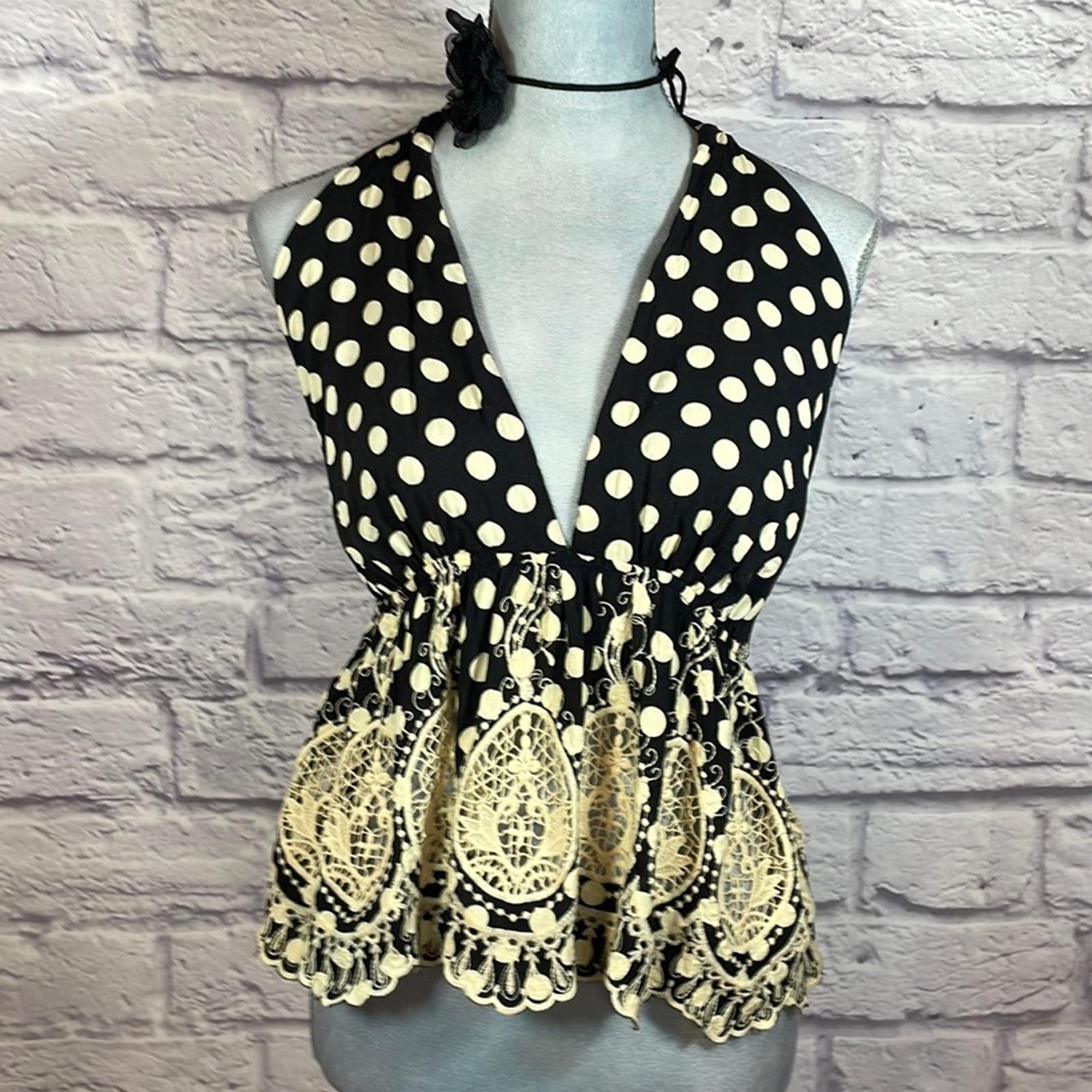 Free People crochet lace and polka dot crop top halter blouse