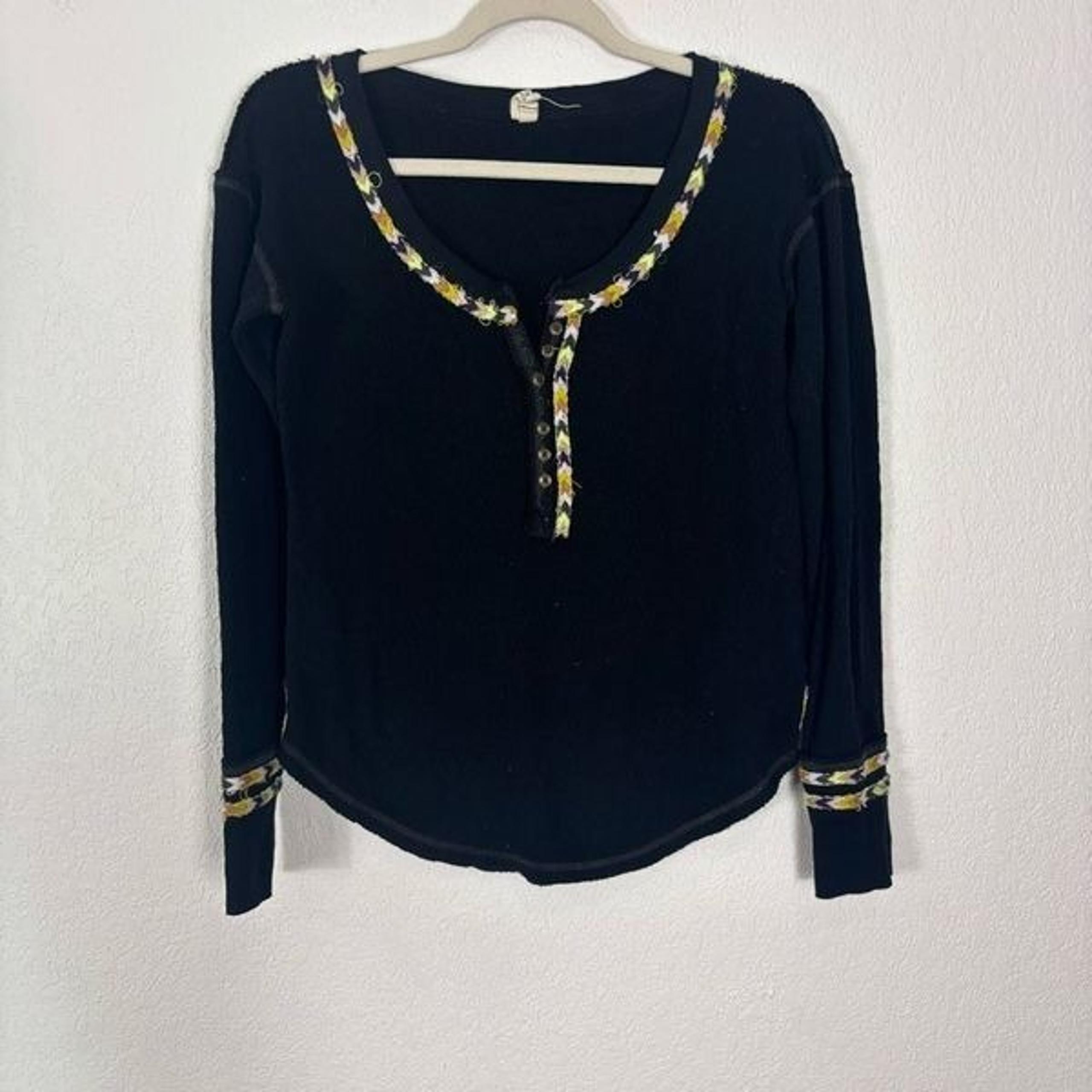 Free People Black Rainbow Yarn Henley Long Sleeve Thermal Top Size XS
