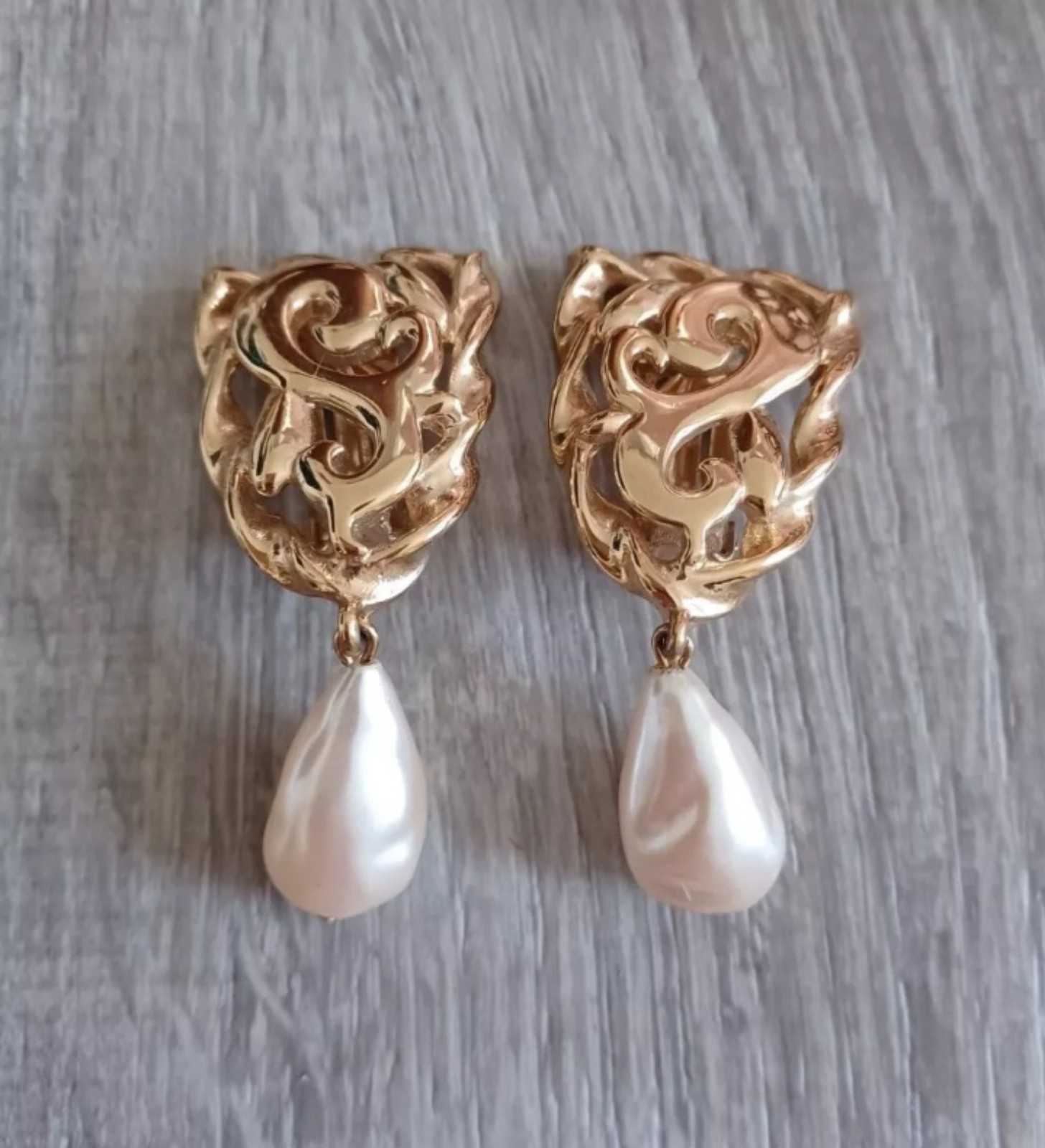 Vintage Givenchy pearl gold tone clip on Earrings scroll design large