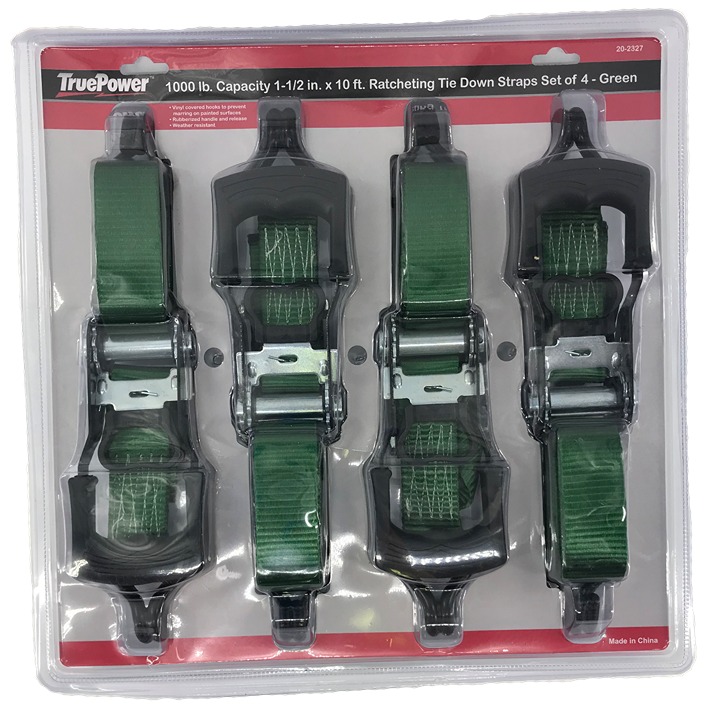 1000 lb Capacity 1-1/2 Inch x 10 Foot Ratcheting Tie Down Straps - Set of 4