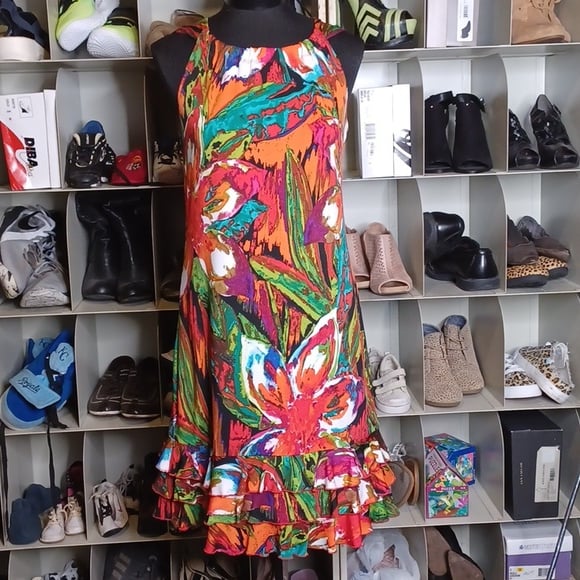 R&K Originals Petite red green print dress size MP