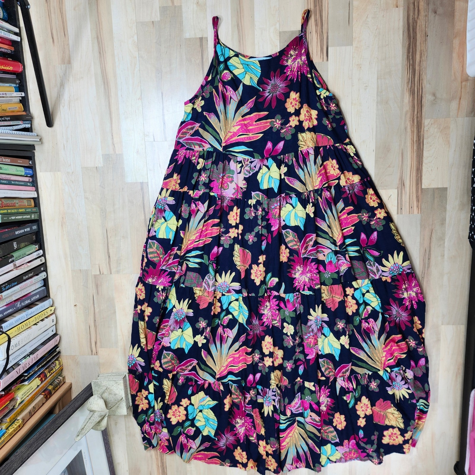 Mombasa Rose Maxi Dress Tiered Sleeveless Floral Print Pockets XL