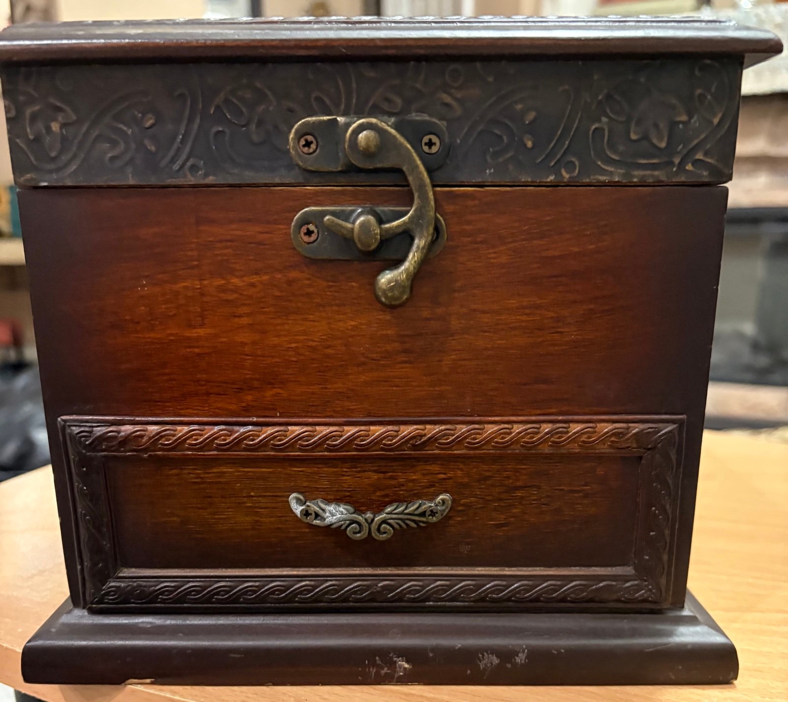 Vintage Chinese Wooden Jewelry Storage Box Treasure Chest With Inside Mirror