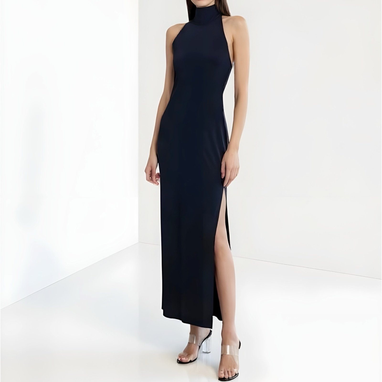 NORMA KAMALI Halter Turtle Side Slit Gown, Pewter, XS