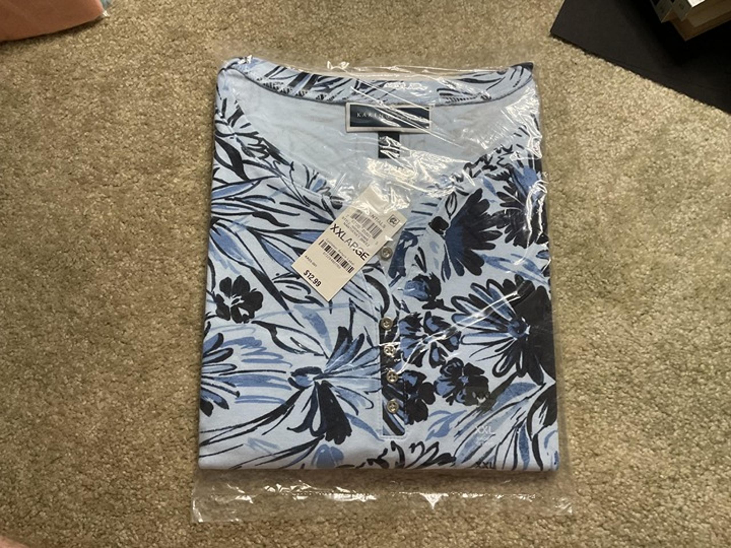 NEW Blue Flower Karen Scott Short Sleeve Henley Style T-shirt -Size XXL-Unopened