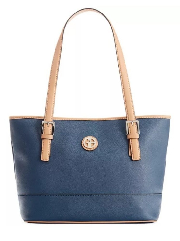 Giani Bernini Blue Saffiano Leather Tote Bag – Medium Purse with Tan Straps