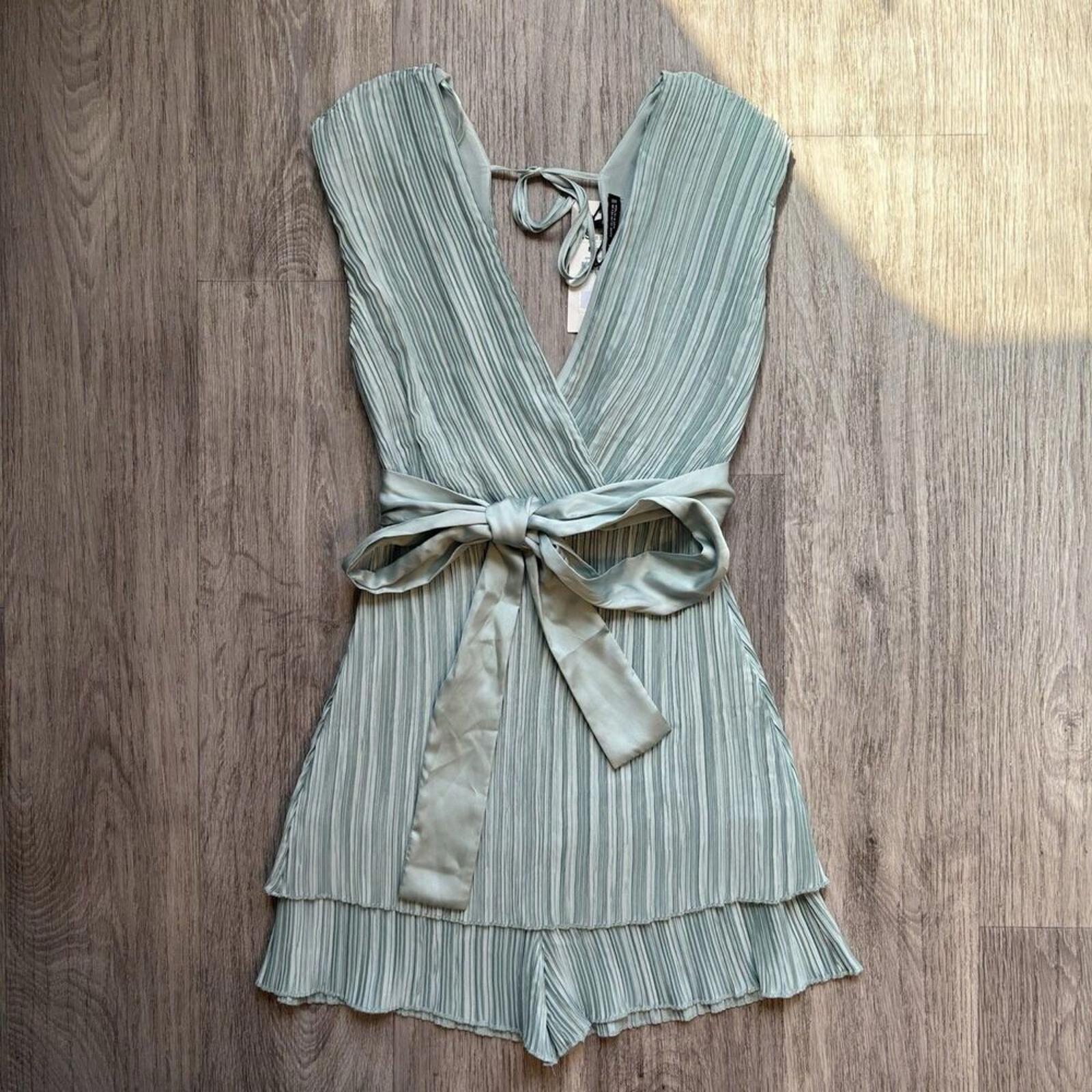 Zara Mint Green Satin Bow Romper V Neck Shorts XS