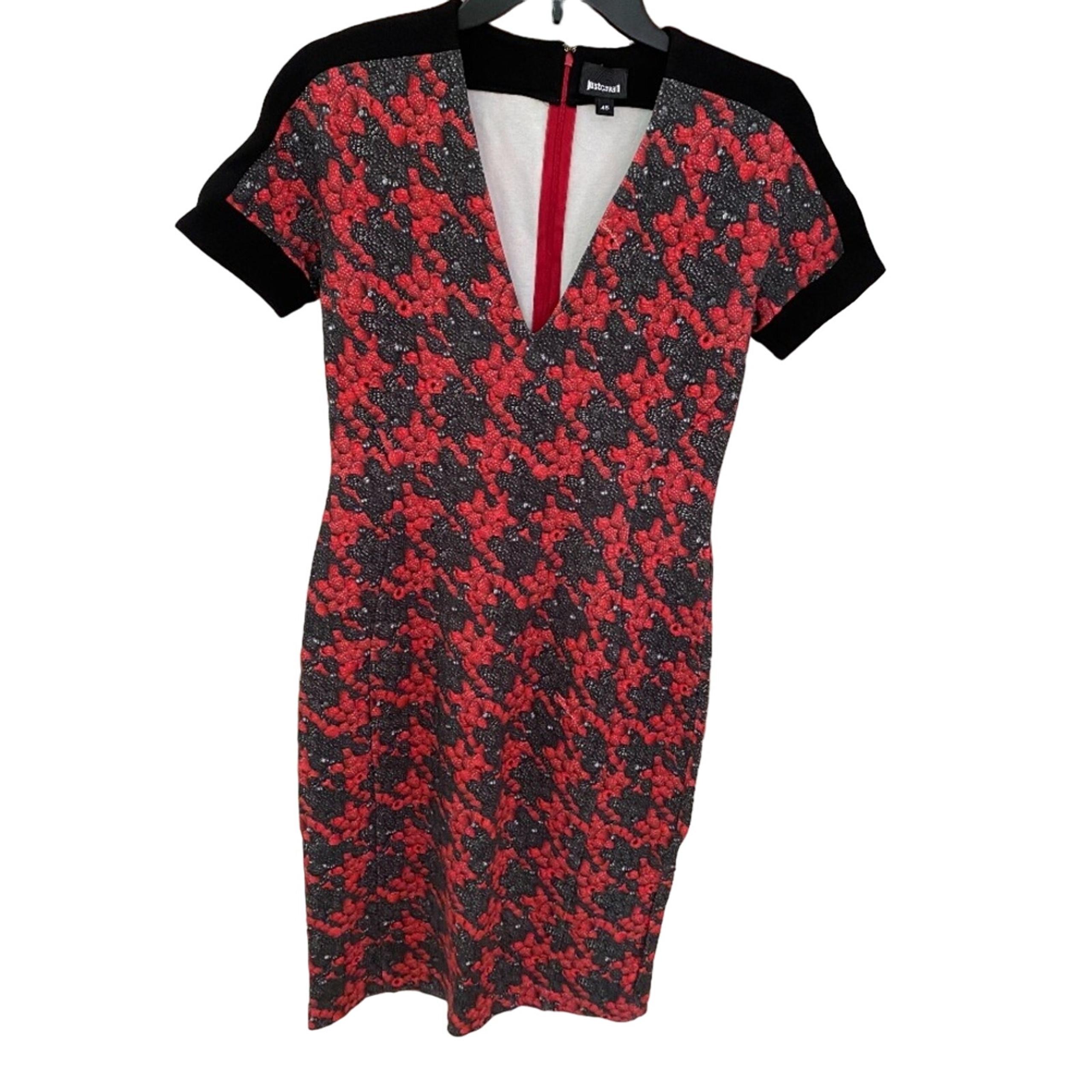 $395 Just Cavalli Women's Red Short Sleeve Berry Sheath Dress Size IT 46/US 10