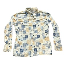 VTG Hukapoo Shirt Womens Large 18 Blue Orange AOP Abstract Nylon Button Up 70s