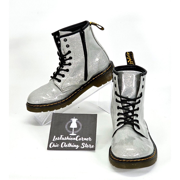 Dr. Martens Kid's Silver Rubber Junior 1460 Glitter Side Zip Boots Size 4 1822