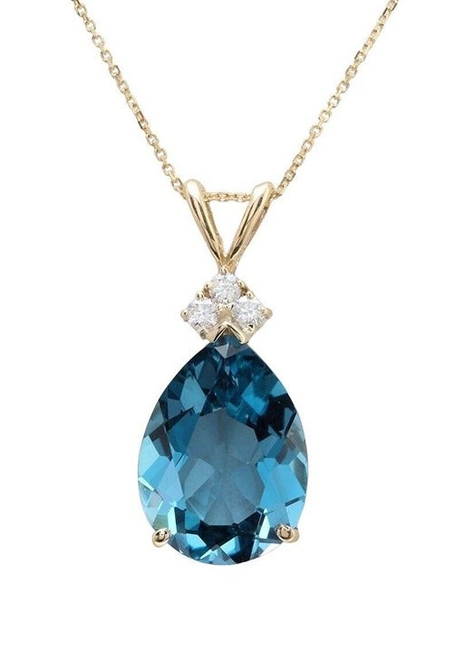 9.90Ct Natural Pear Shape Blue Topaz & Diamond Solitaire Pendant 14k Yellow Gold
