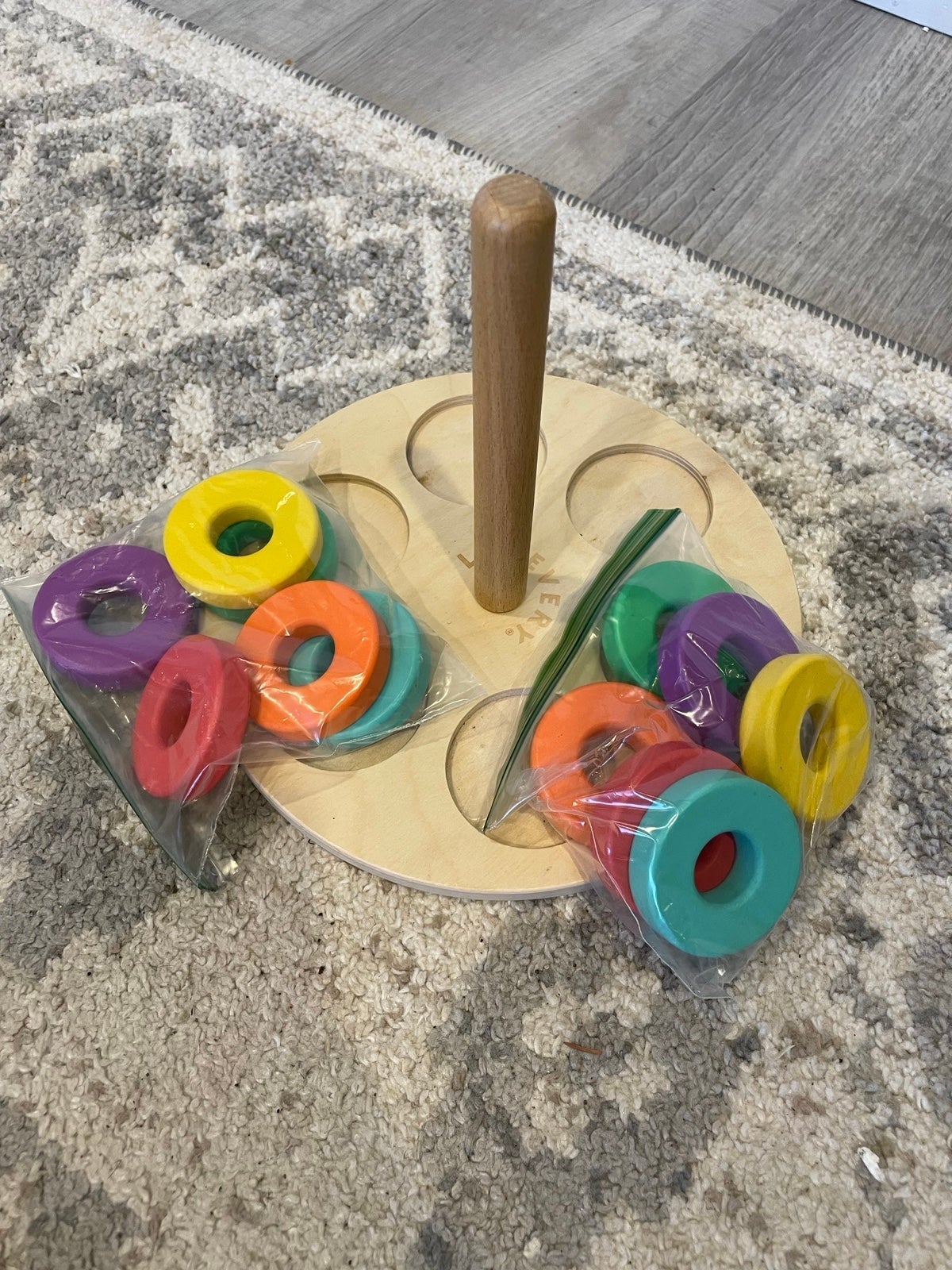 Wooden Stacker, matching cards set and circle of friends puzzle