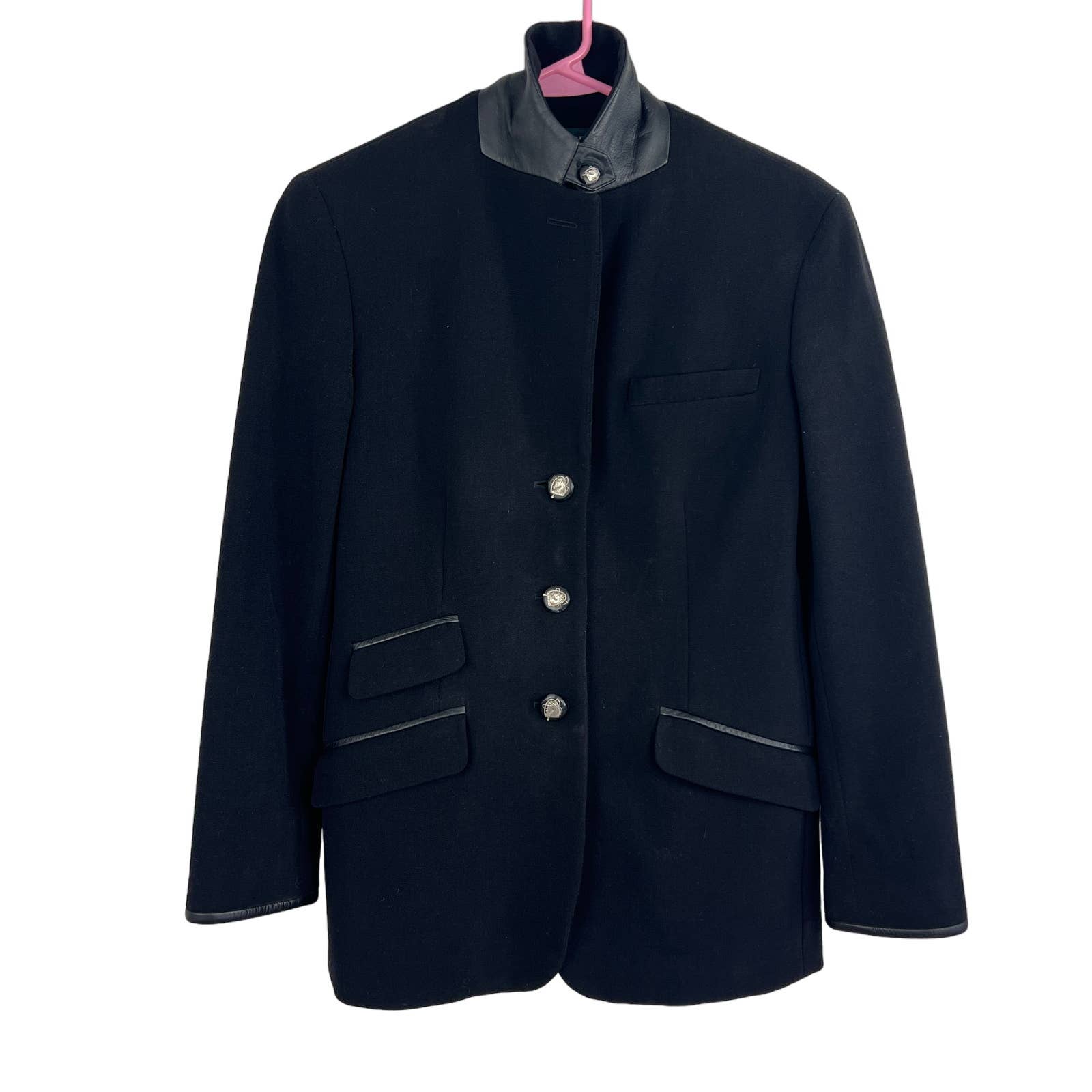 Lauren Ralph Lauren Black Virgin Wool Vegan Leather Detail Blazer Womens Size 4P