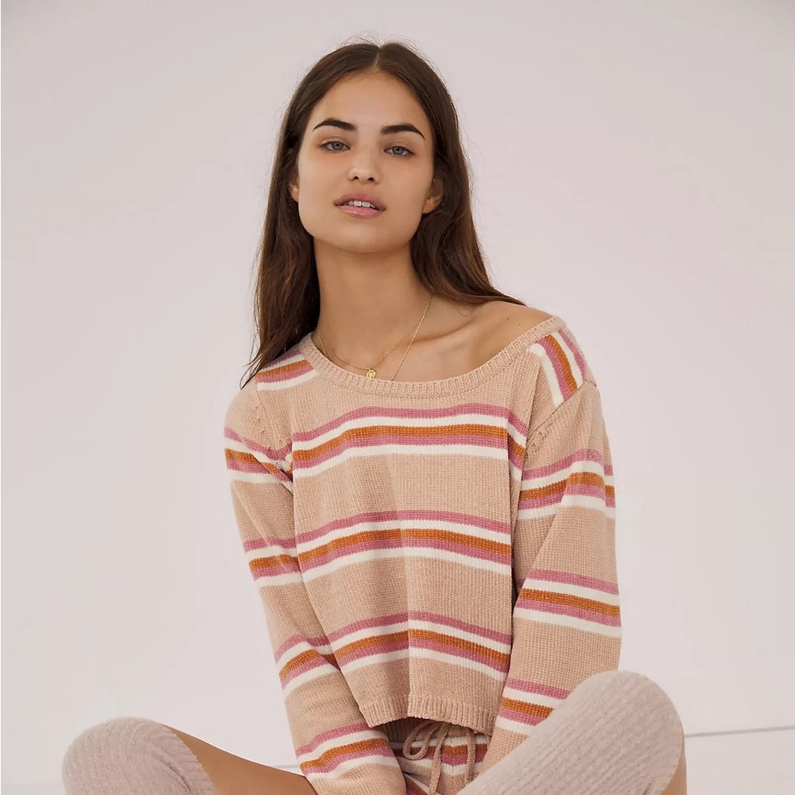 L*SPACE Striped Chenille Sweater Sun Seeker Sweater Snow Lotus Small