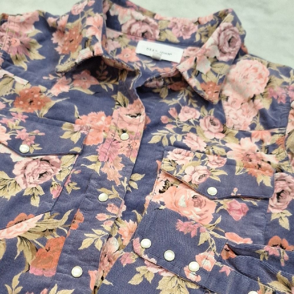Dear John Corduroy Pink Blue Floral Top Western Pearl Snap Large Cowgirl