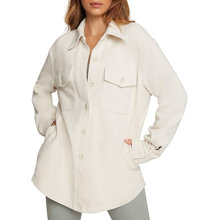 Good American Fleece Lined Collared Button Front Shacket Shirt Cream Ivory 00