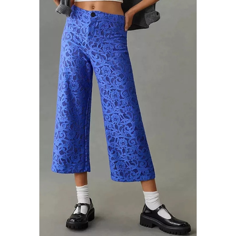 Maeve by Anthropologie The Colette Lace Cropped Wide-Leg Pants Blue Size 16W New