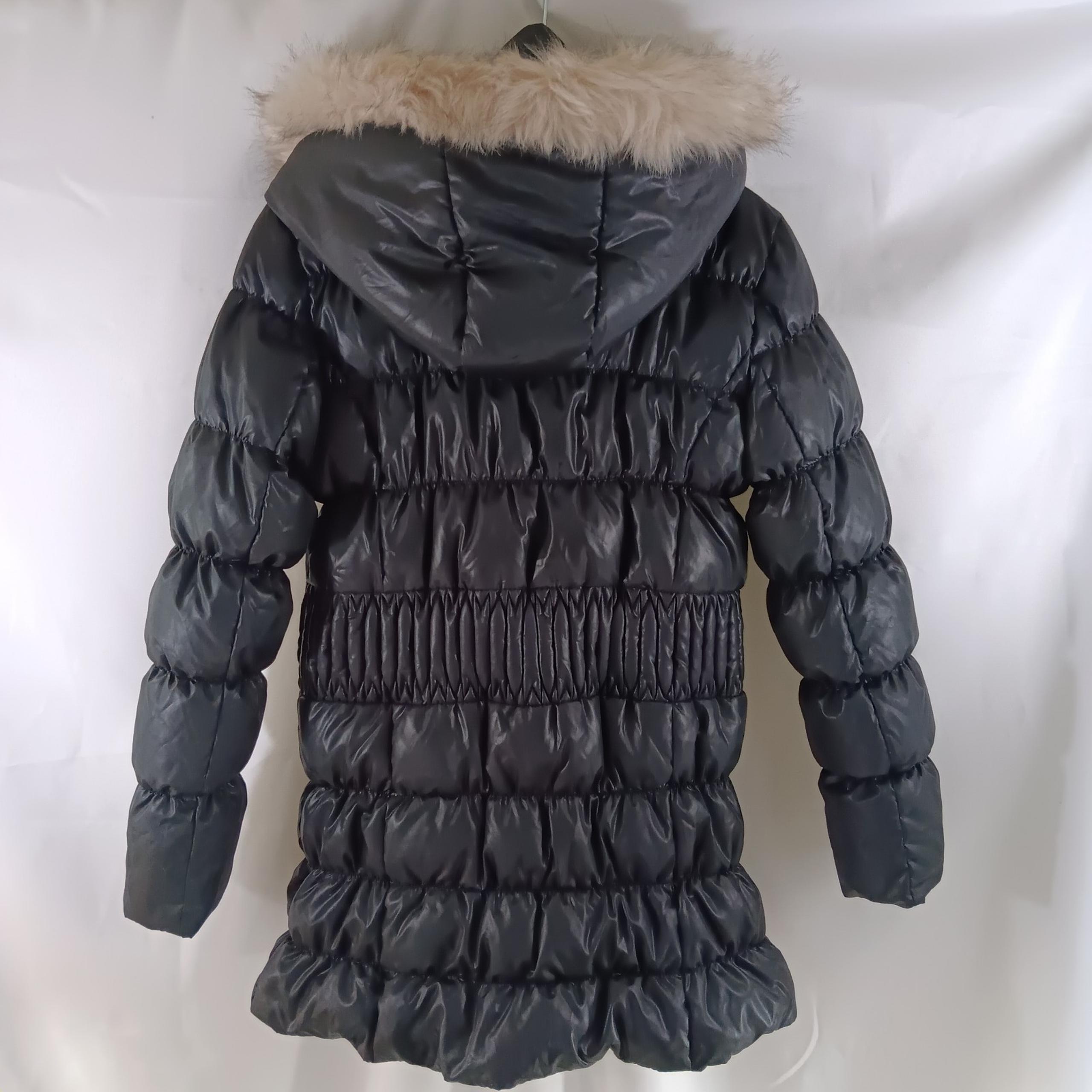 Via Spiga Down Puffer Coat Women S Faux Fur Trim Hood Black Zip Snap Parka