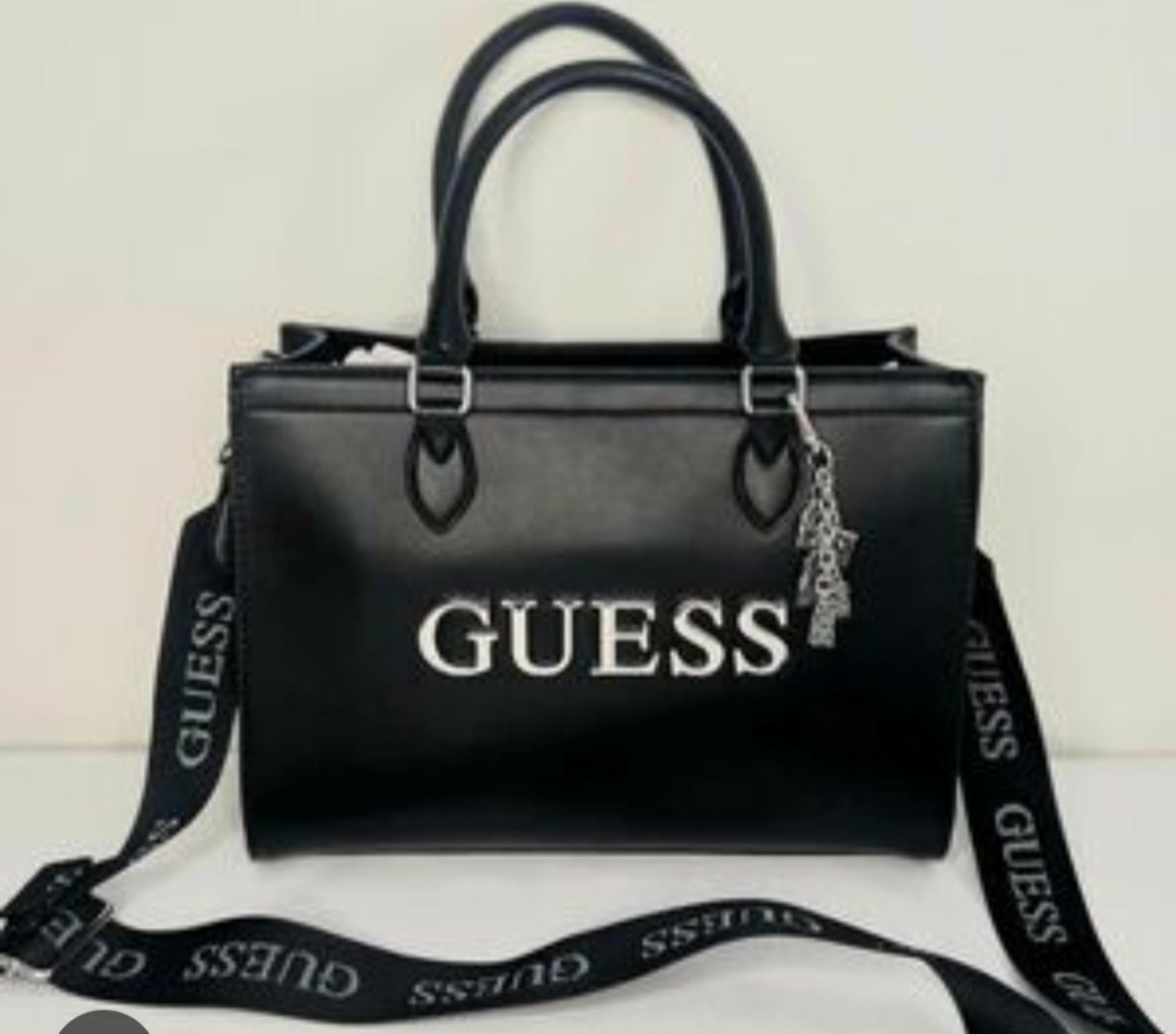 Guess Black Satchel with Structured Design and Silver Accents