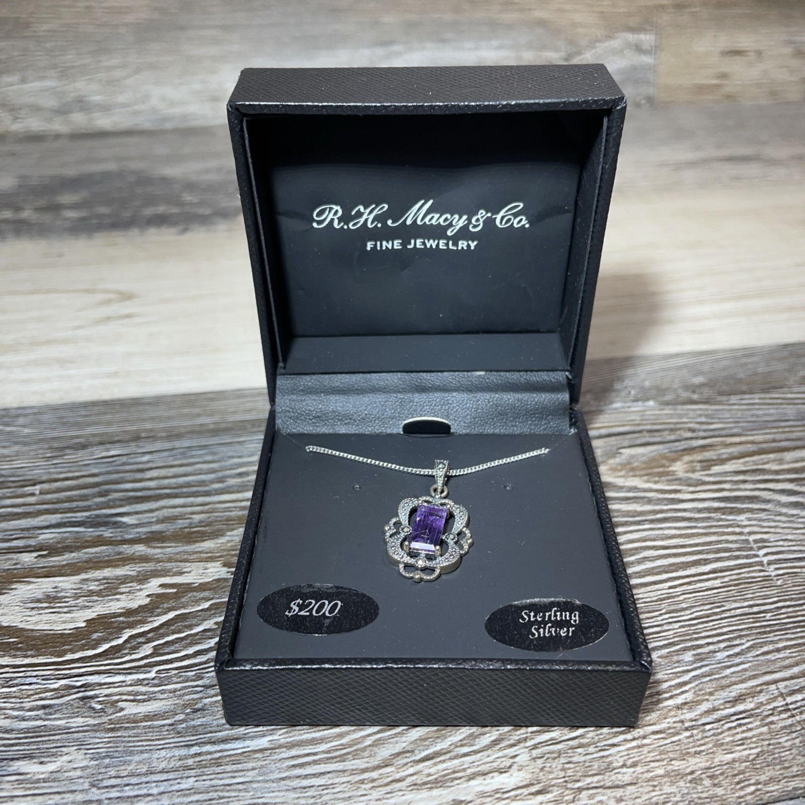 R.H. Macy & Co. Sterling Silver Art Deco Amethyst & Diamond Pendant Necklace NWT