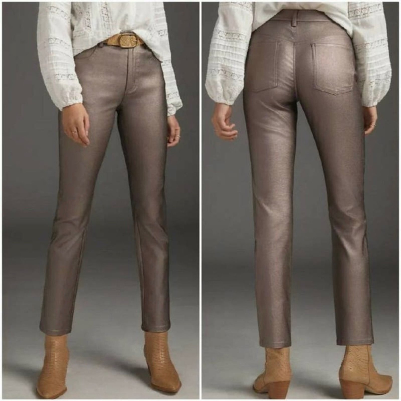 NWT Anthropologie Avec Anja Metallic Straight Skinny Pants Silver Taupe size 28