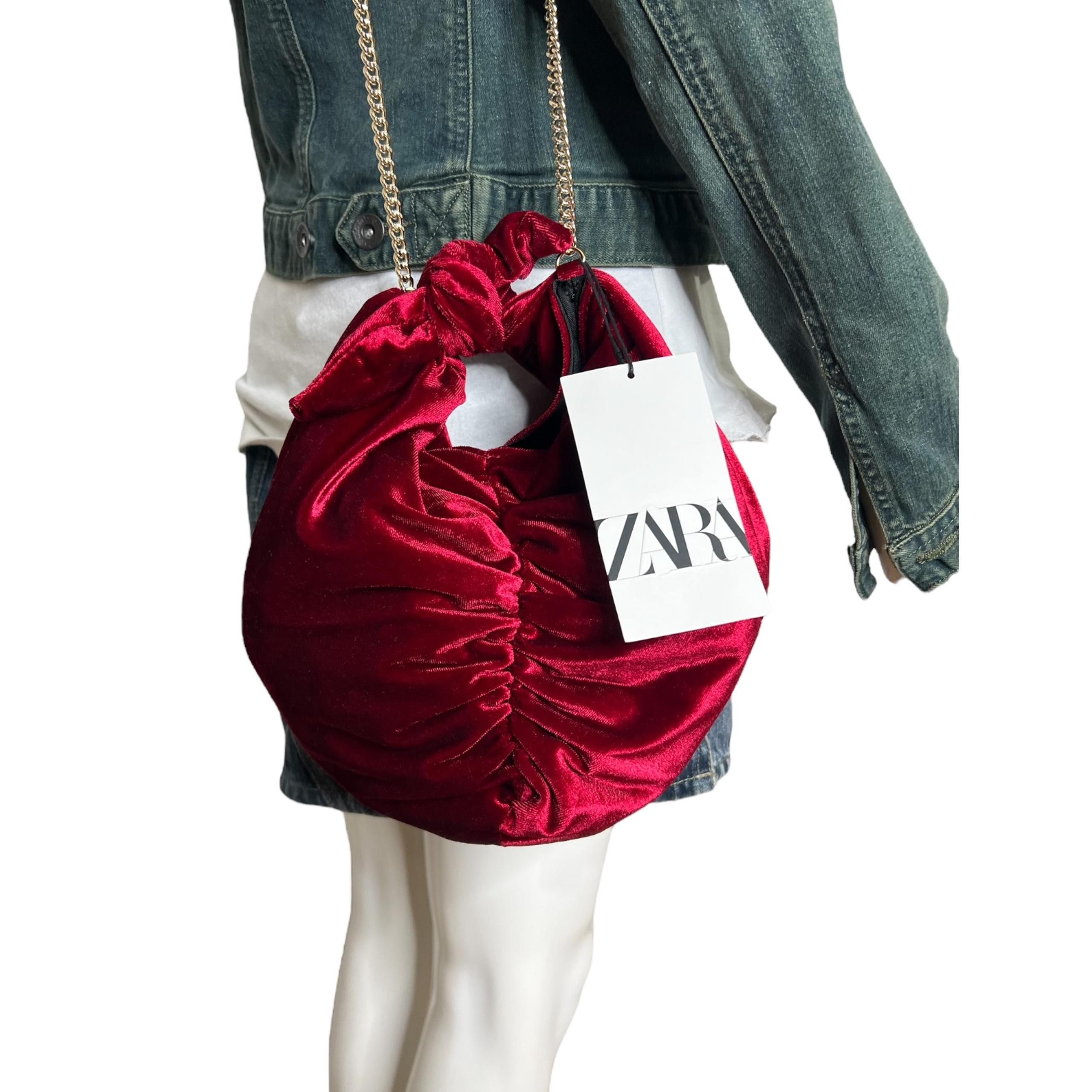 Zara Womens Crossbody Bag Red Velvet Fabric Handle Tie Knot Round Bucket