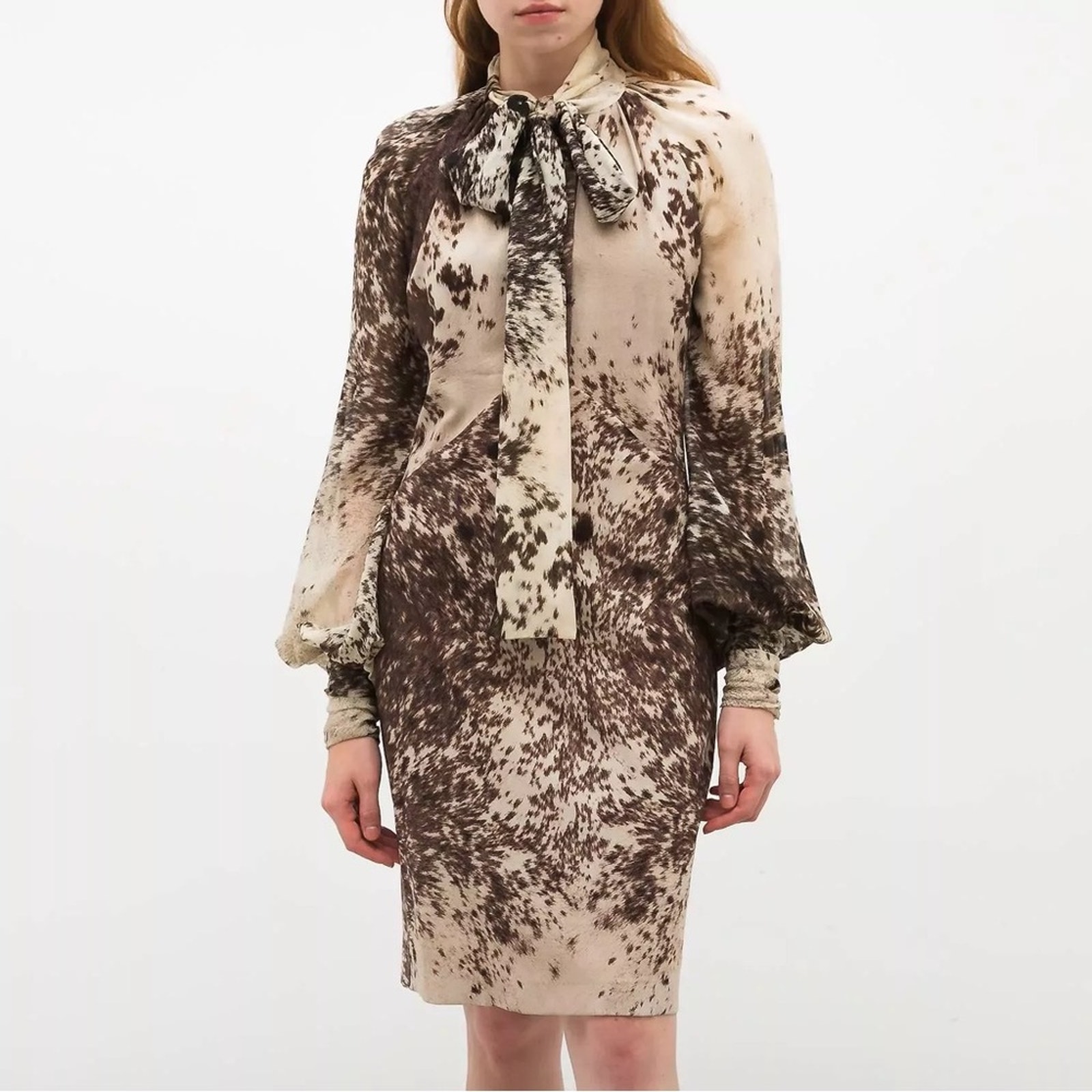 Roberto Cavalli printed bow-tie neck wool/silk dress dainty
