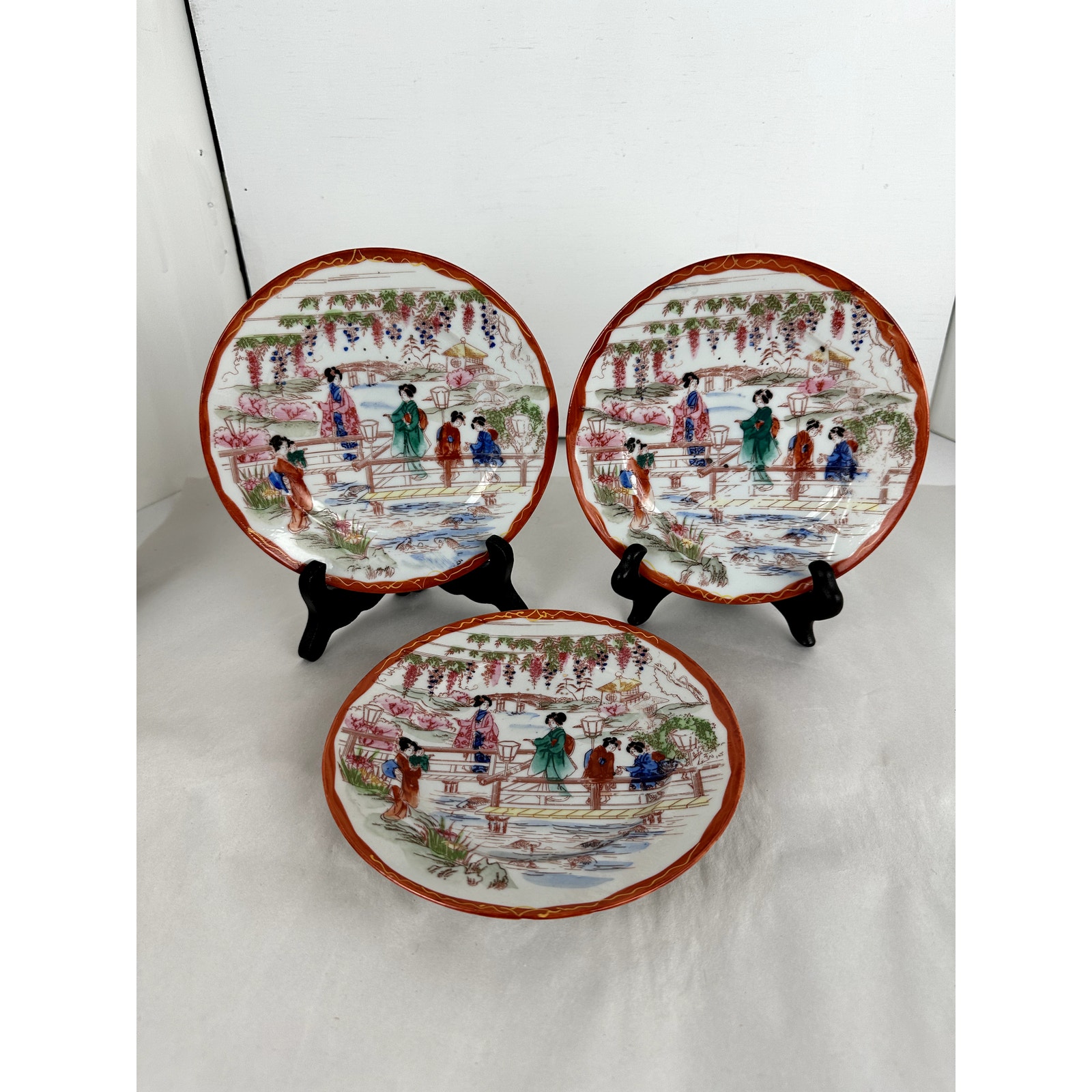 Japanese Antique China Three & Ins. Plates Geisha Floral Structures 1921-1941