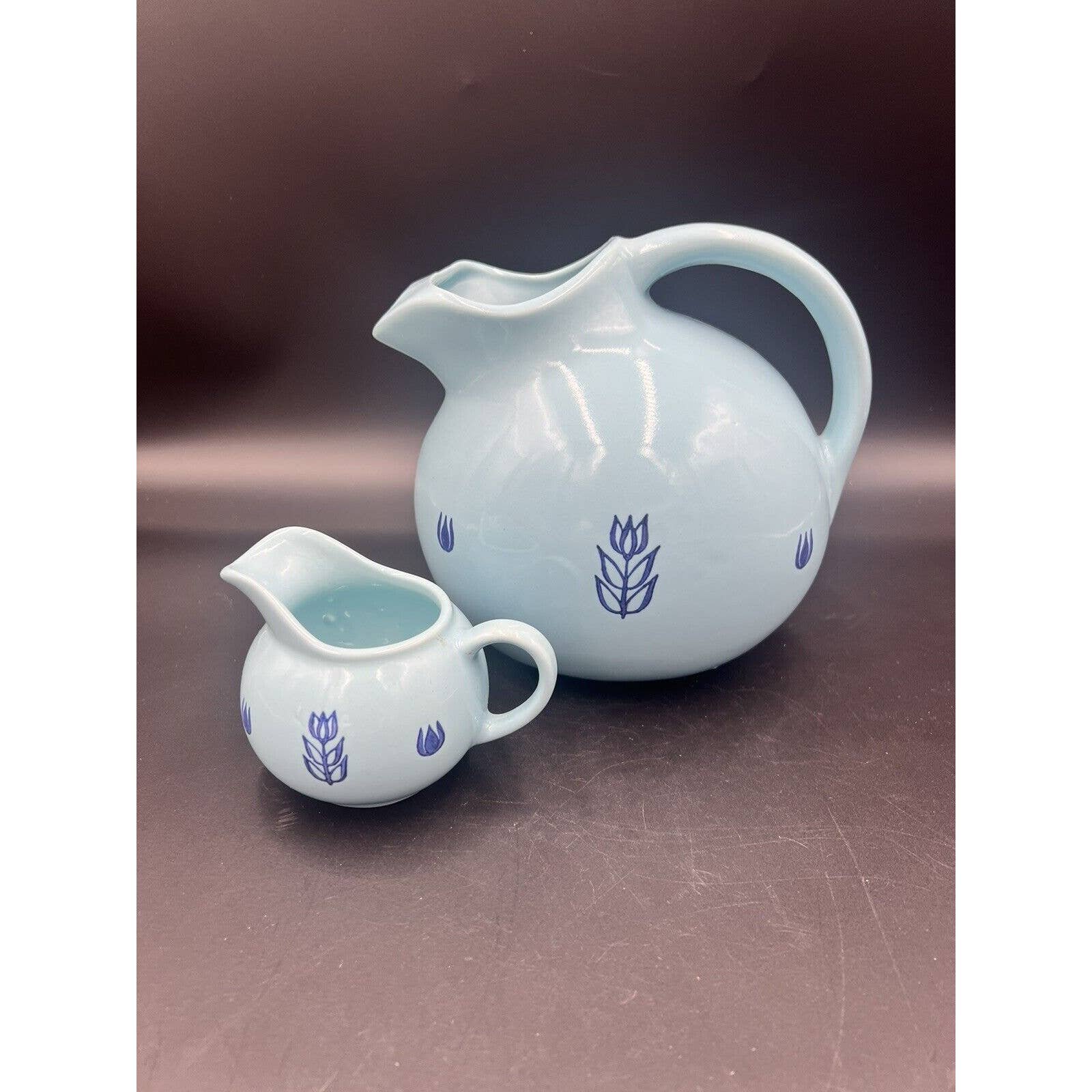 VINTAGE BLUE TULIP CRONIN POTTERY PITCHER CREAMER SET
