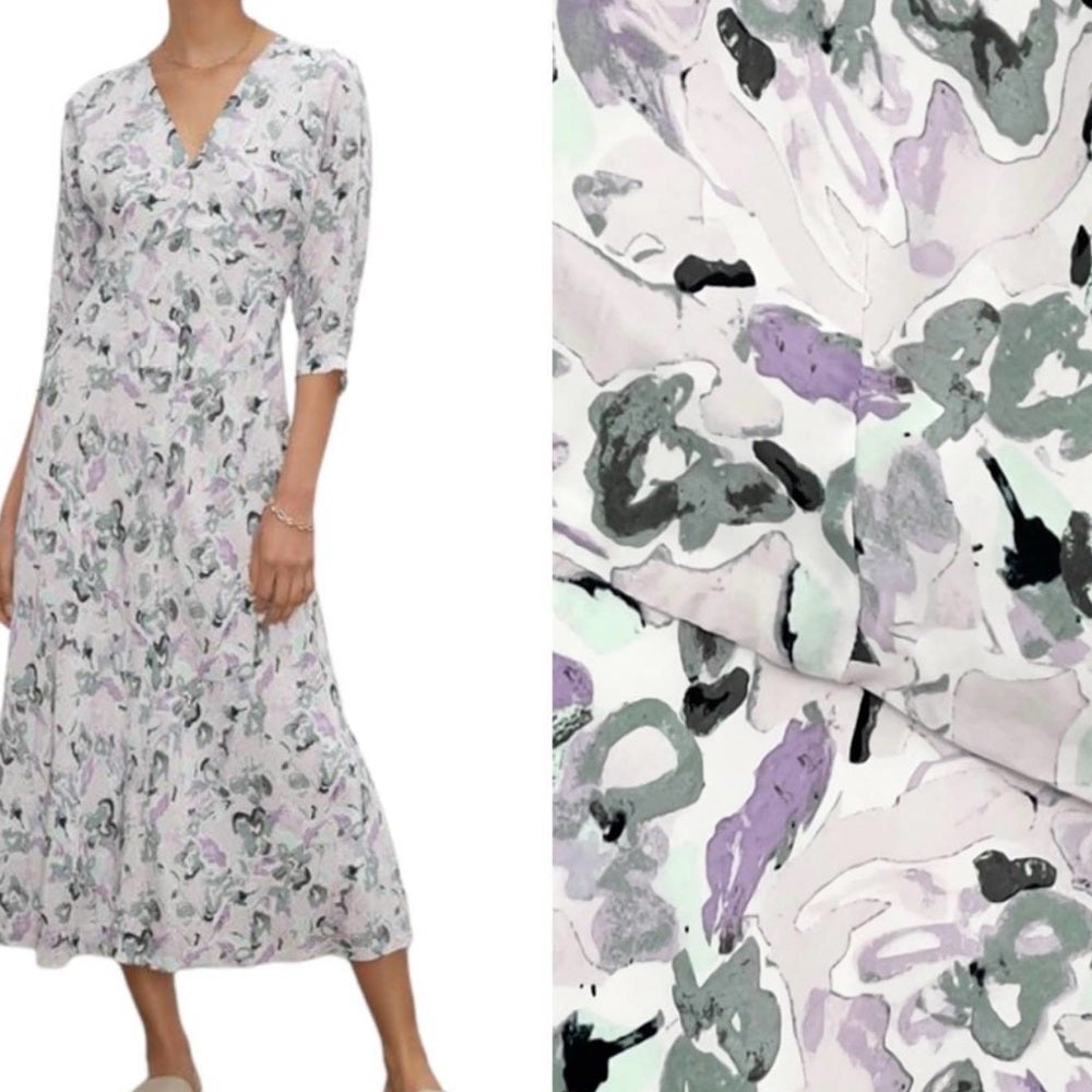 Club Monaco Drape Sleeve Midi Dress Abstract Floral Purple Gray Black Sz 8