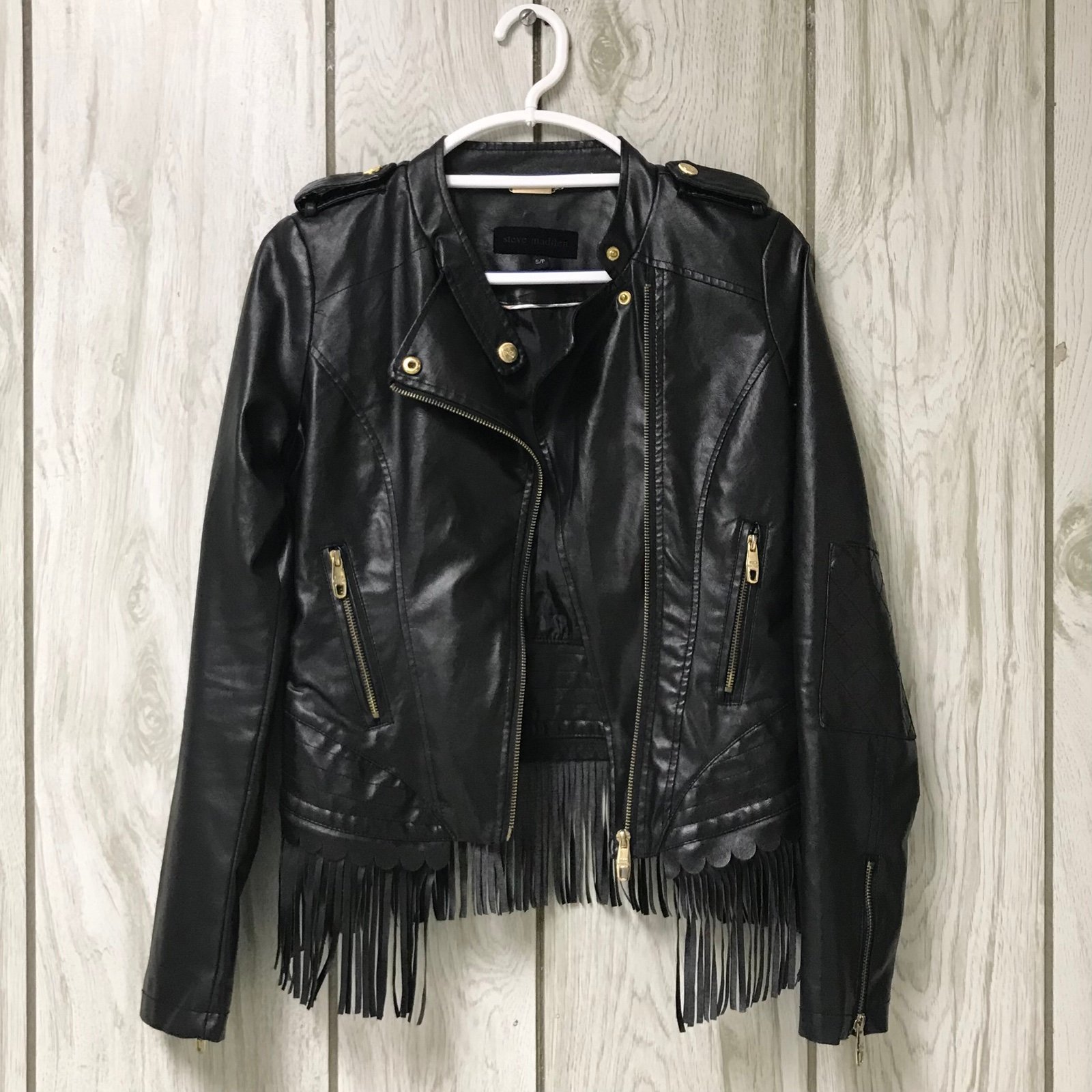 Steve Madden Women Black Faux Leather Fringed Asymmetrical Zip Moto Jacket S