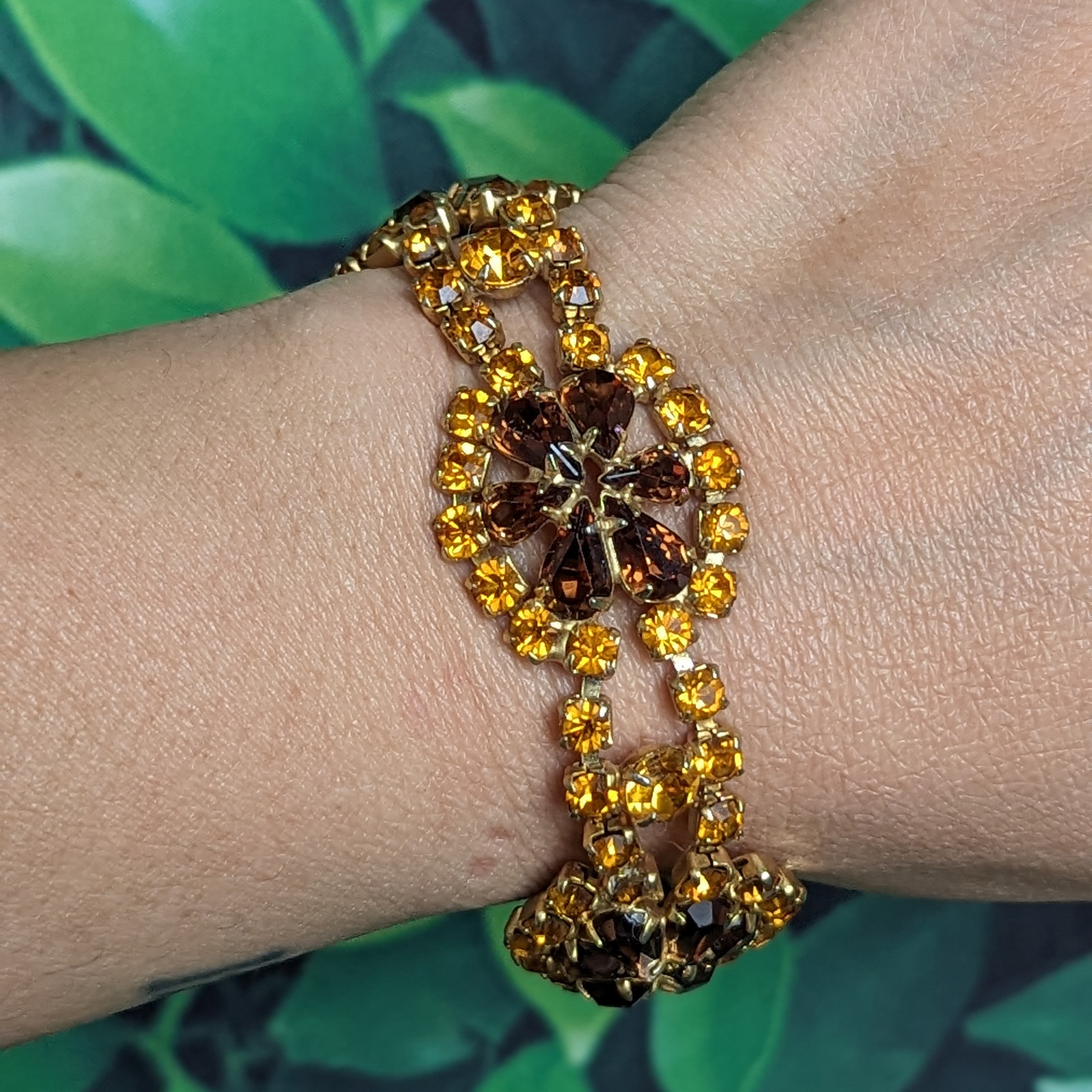 Vintage 1950s Rhinestone Crystal Bracelet - Golden Brown Flower Panel Links