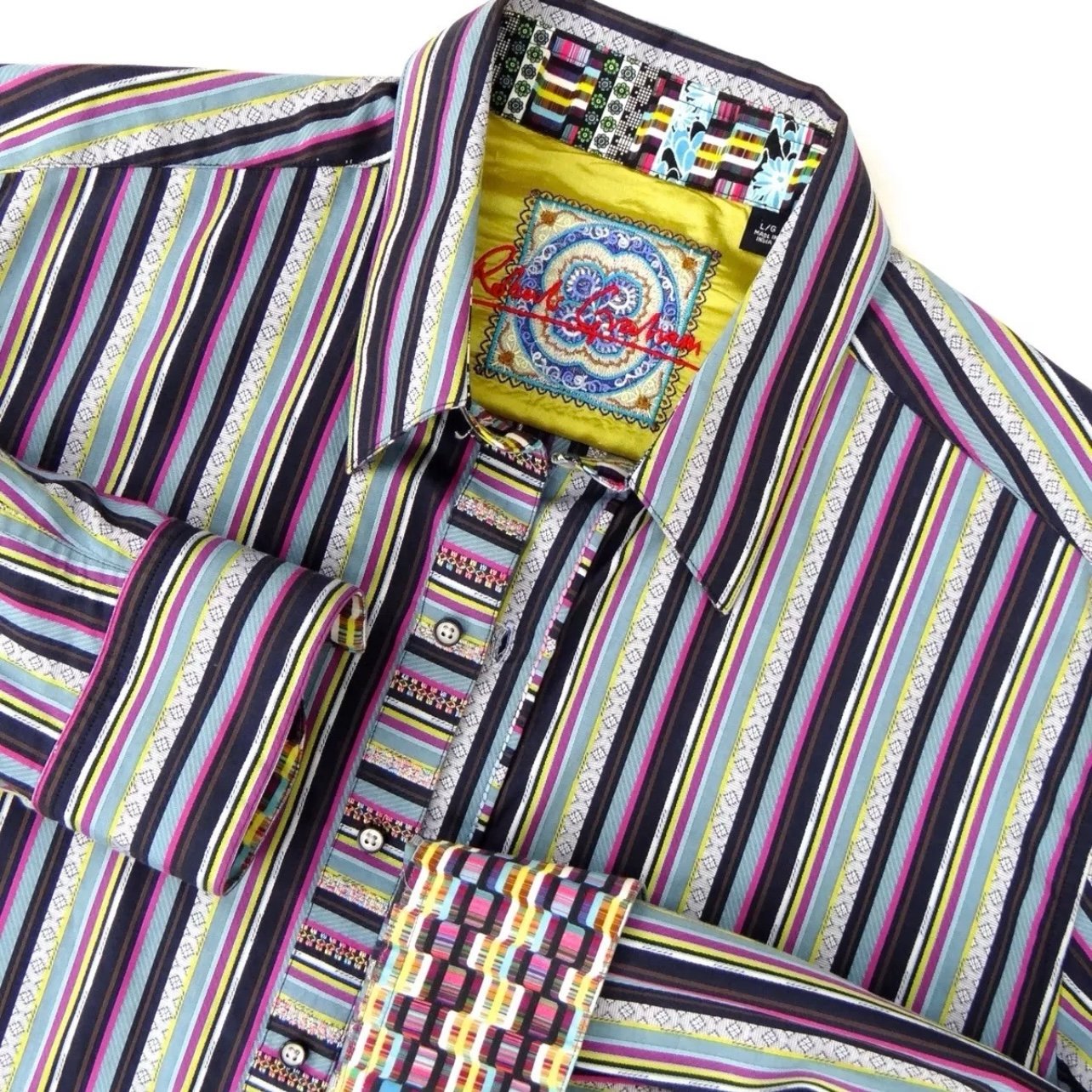 ROBERT GRAHAM Flip Cuff Dress Shirt Mens LARGE Blue Hot Pink Stripe Designer