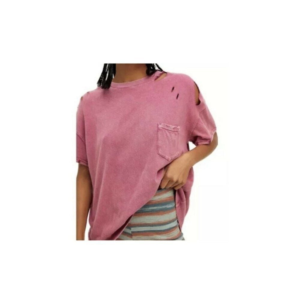 FREE PEOPLE Woman's Rubi Ripped Pocket T-Shirt Fairytale Pink Size S