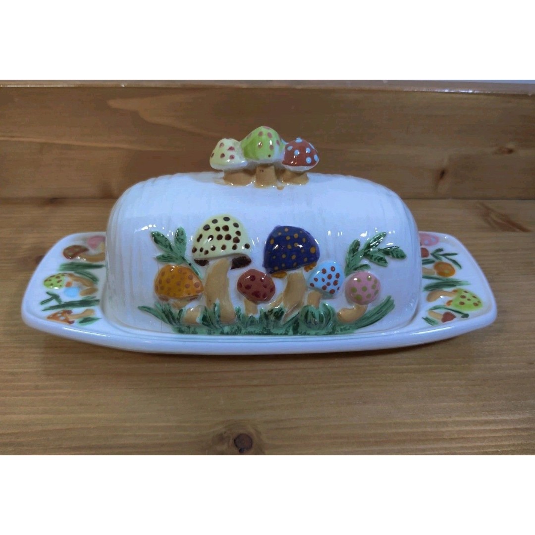 Vintage ARNELS Mushroom Pattern 2-Piece Butter Dish 1/4 Pound MCM Multicolor Dot