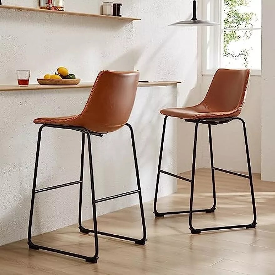 2 Pcs Brown 30 Counter Height Bar Stools Leather Barstools Modern Bar Chairs