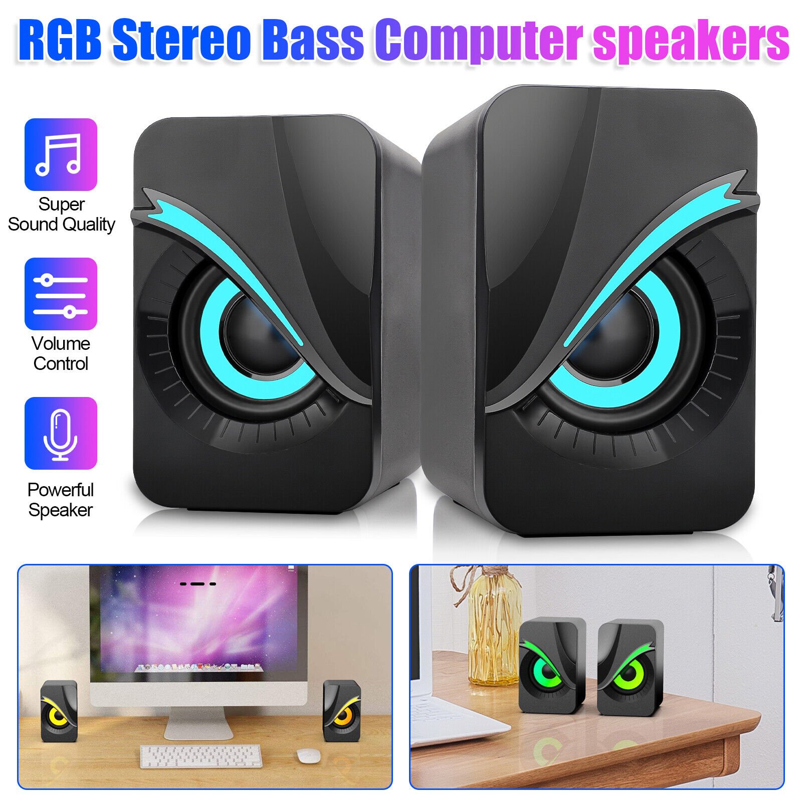 3.5mm Mini Computer Speakers Stereo Bass Sound RGB USB Wired for Desktop Laptop