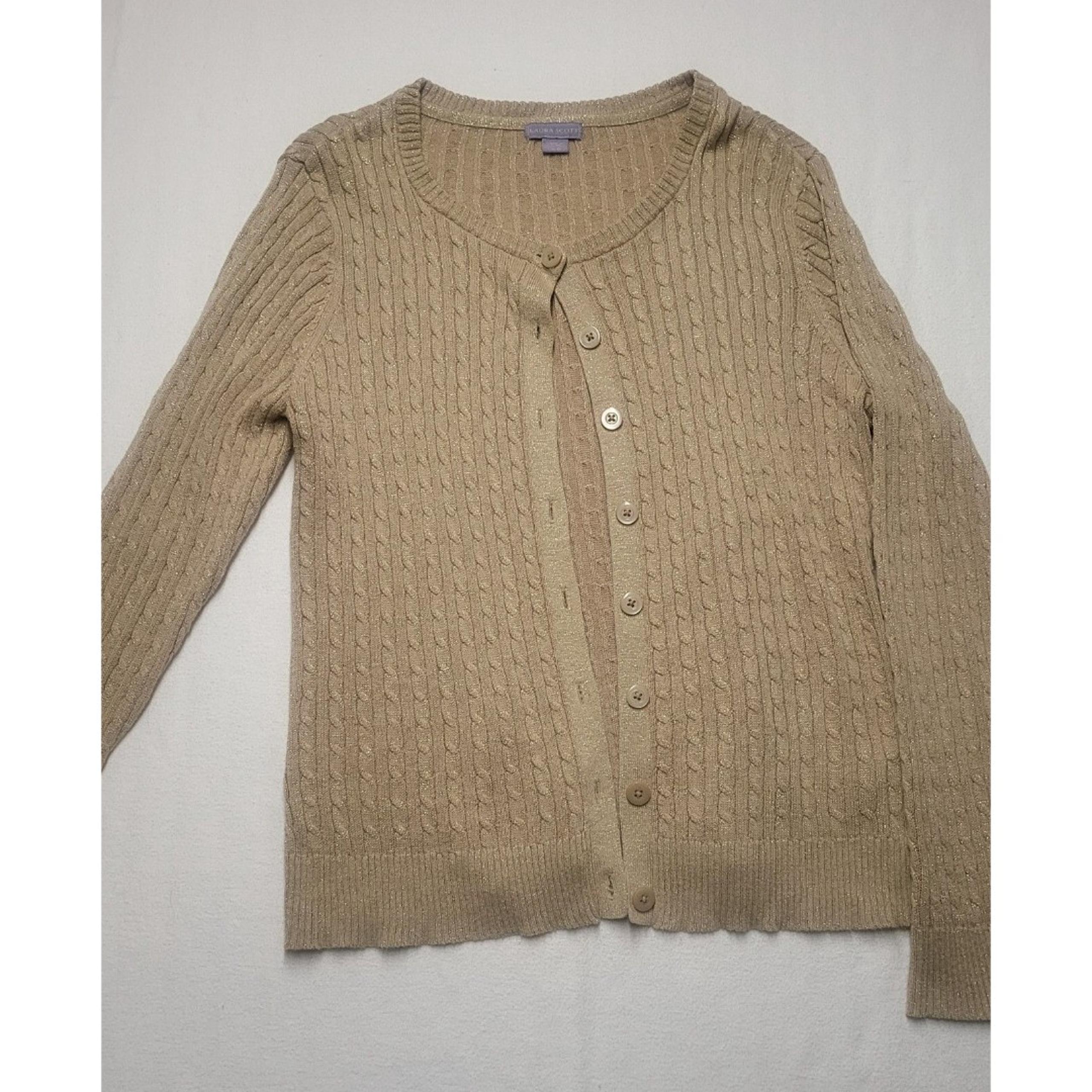 Laura Scott Gold Shimmer M Cable Knit Button Front Cardigan Sweater Womens XL