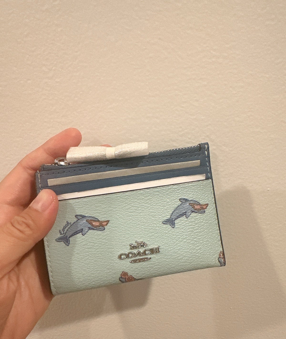 Coach Mini Skinny ID Card Case with Dolphin Print in Silver/Blue CK422 NWT