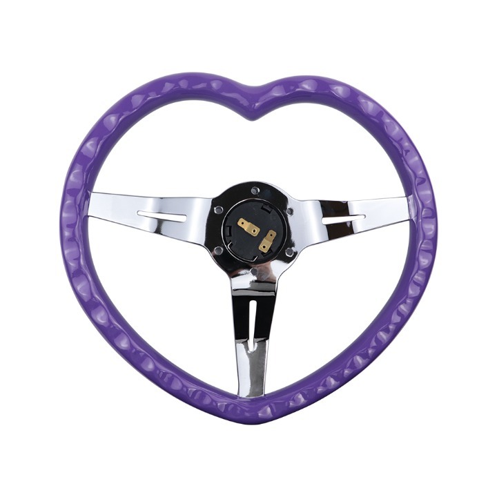 BRAND NEW 340MM Universal Heart Shaped Purple ABS Steering Wheel Chrome Spoke