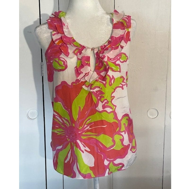 Lilly Pulitzer Women's Size XS Silk Blend Sleeveless Blouse Pink & White