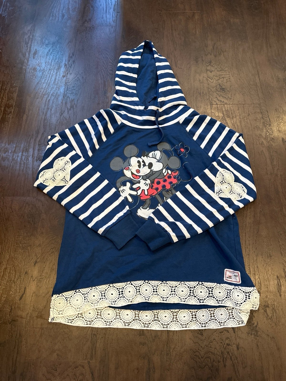 Nwt Disney Parks Sweatshirt Women Mickey Minnie Blue Striped Hoodie Pullover b41