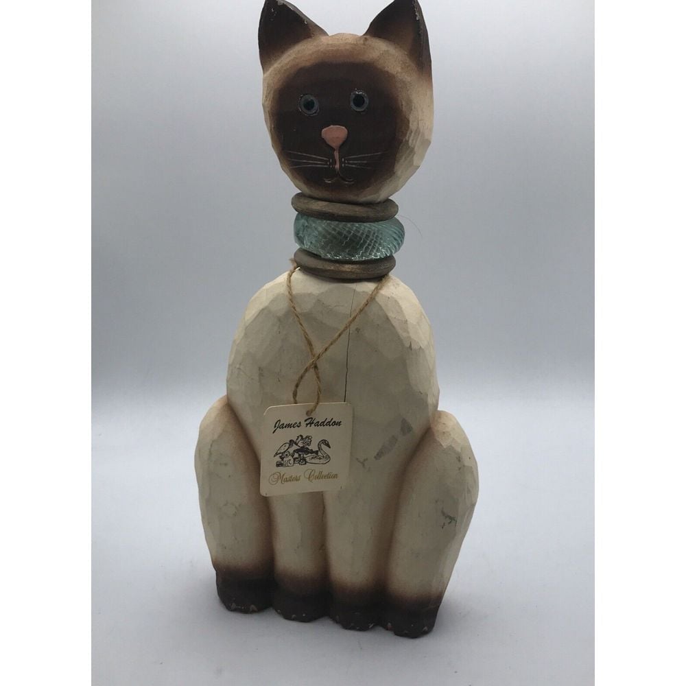 FOLK ART HAND CARVED wood JAMES HADDON PRIMITIVE CAT SCULPTURE BLUE EYES w/tags