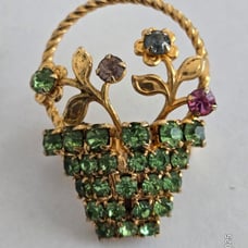 Vintage Uranium Glass Rhinestone Basket Brooch