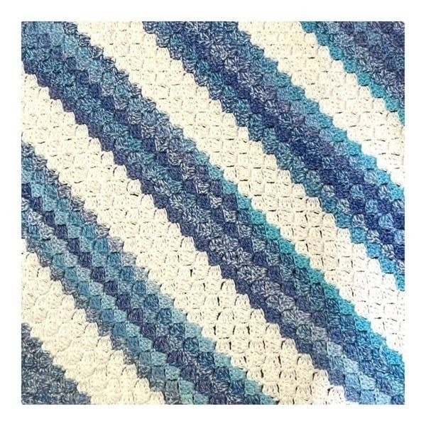 Handmade Blue & White Diagonal Crochet Blanket Chair Throw Baby Crib Tight Knit
