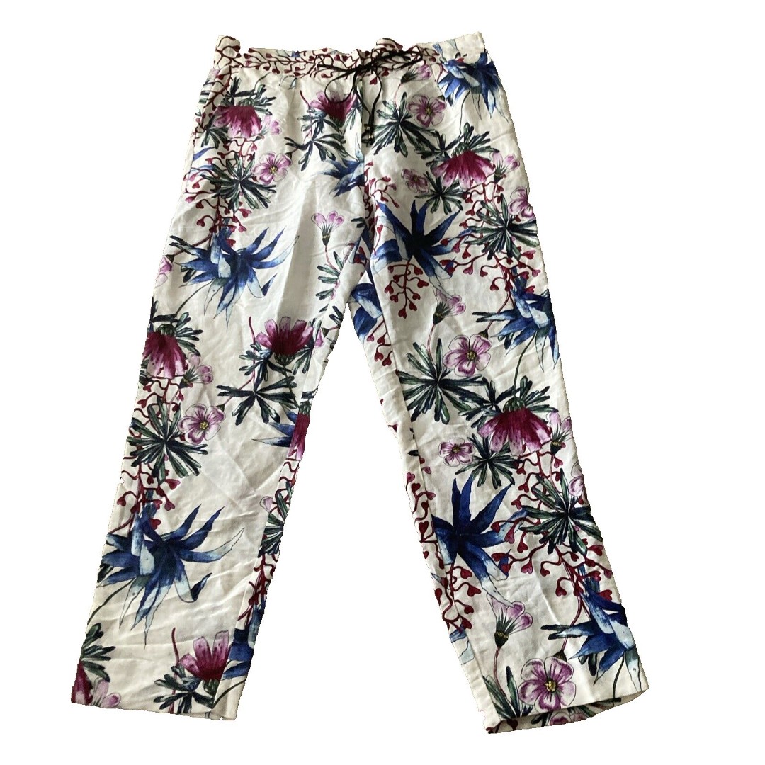 Maje Floral Linen-Silk Straight Leg Pants Size 1 (Small) Drawstring Waist Paris